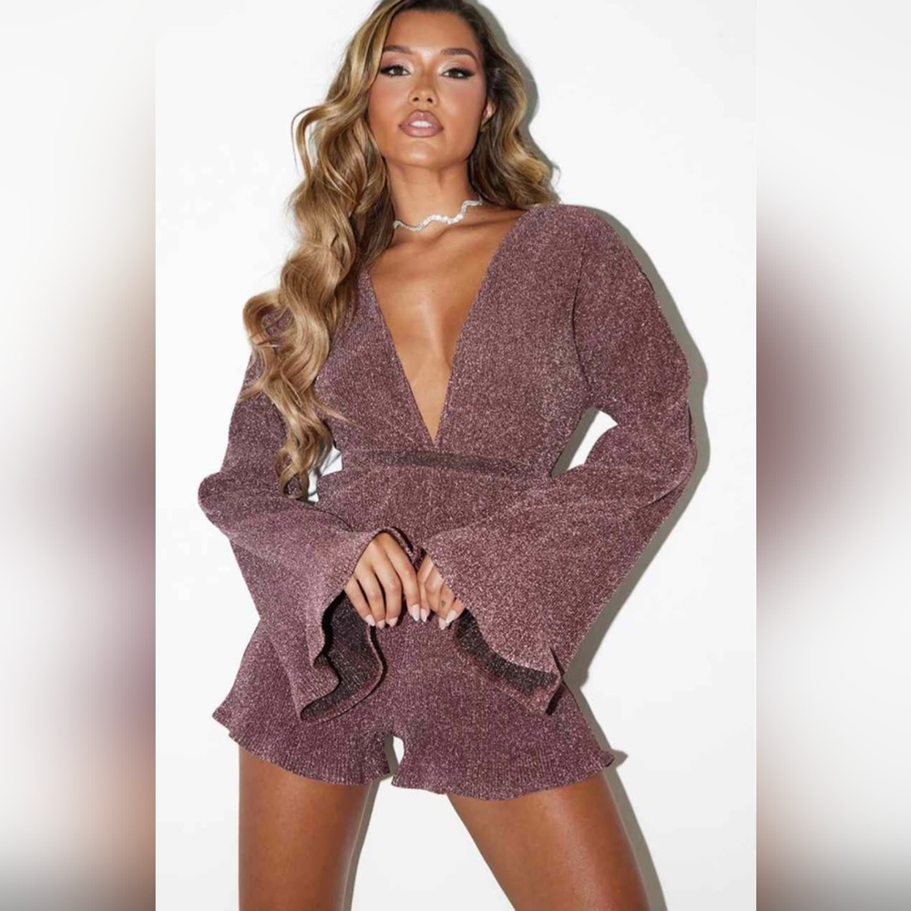PrettyLittleThing Glittery Romper Burgundy- Copy
